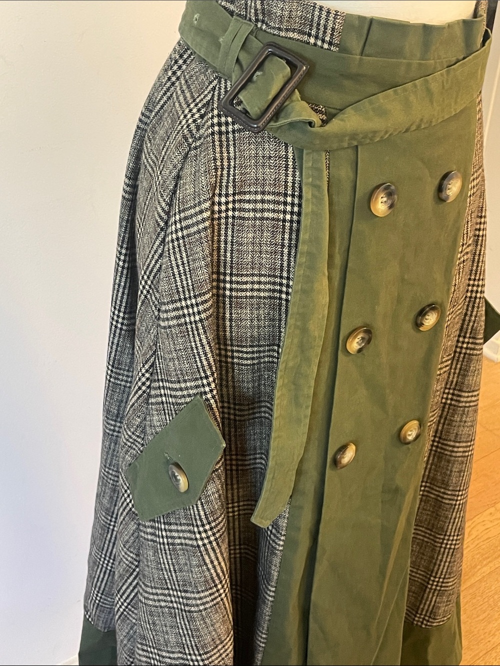 Olive Green Plaid Panel Midi Skirt - VINTAGE AMERI - Picture 3 of 9